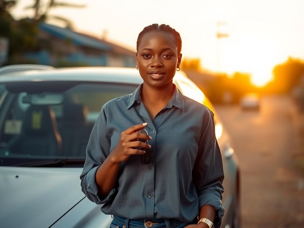 A woman holding car keys beside a silver car at sunset