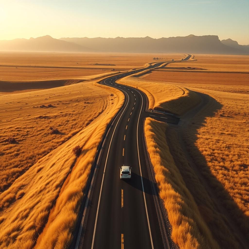 A car on a long road winding through golden grassland